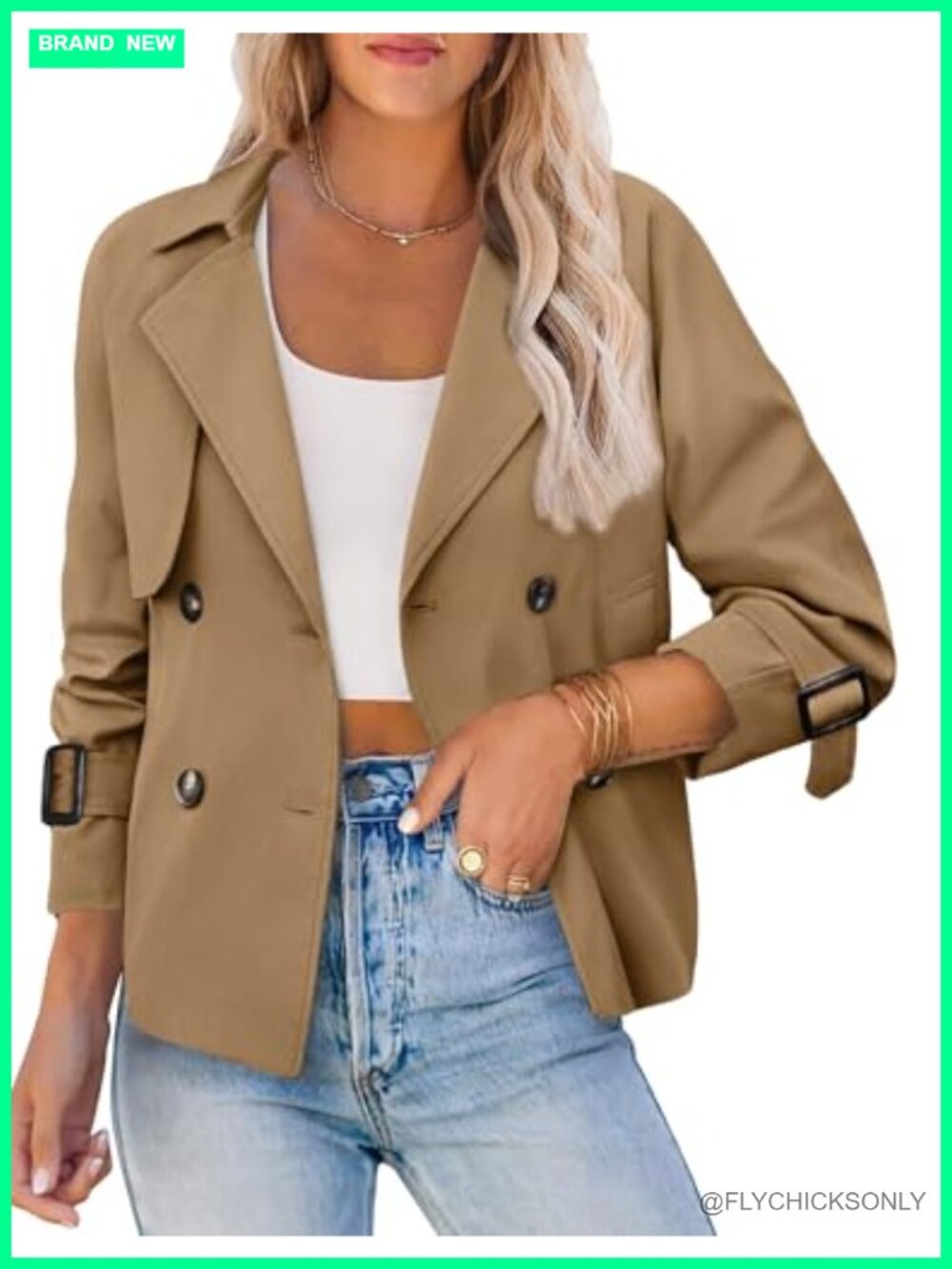 Cropped Trench Coat Double Breasted Short Jacket with Pockets
